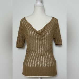 JESSICA Y2K Tan Knit Cowl Neck Boho Festival Cottage Short Sleeve Size XS